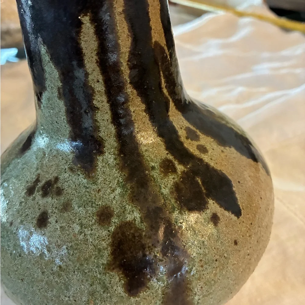 Ceramic Vase Vtg Brown Green Tan Drip Glaze Very Heavy 4.6LBS No Flaws Felt Feet